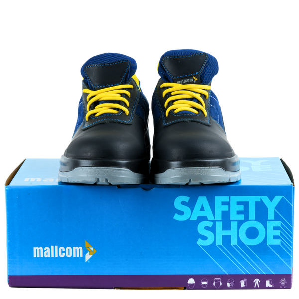 Blue and black steel toe safety shoe displayed on top of its packaging box.