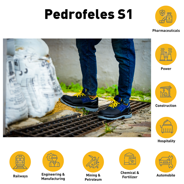 Safety shoes used in logistics, manufacturing, pharmaceutical, and industrial work environments.