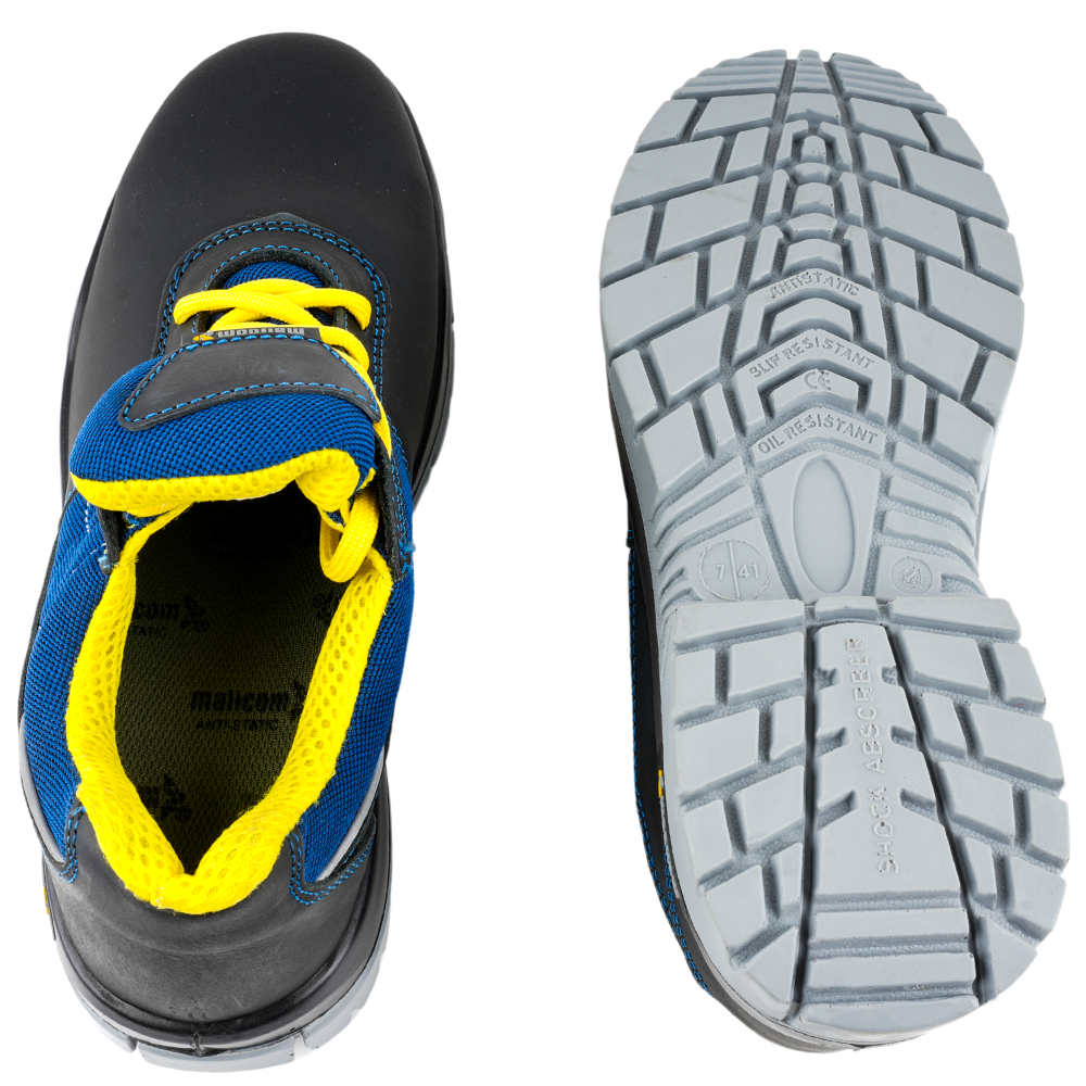 Top and outsole views of a low ankle steel toe safety shoe.