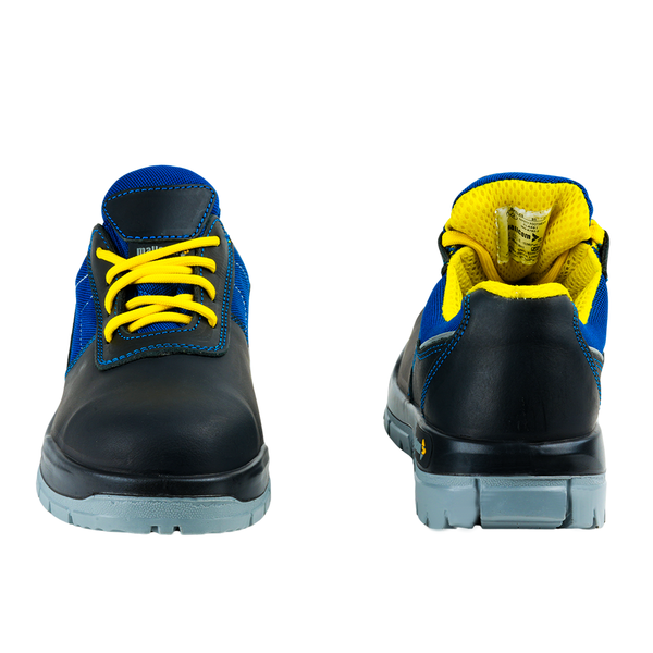 Front and back views of a low ankle steel toe safety shoe.