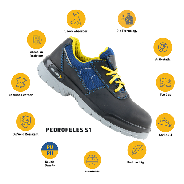 Steel toe safety shoe with highlighted features including Nubuck leather, Cordura upper, antistatic protection, and PU sole.