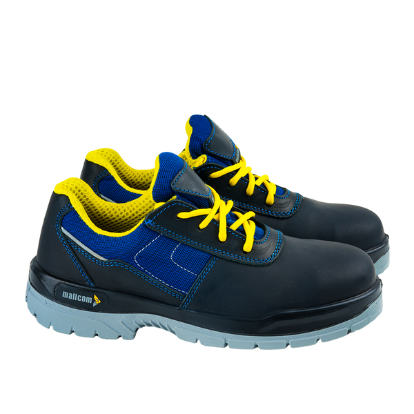 Side view of a blue Cordura and black Nubuck leather safety shoe with yellow lining. 