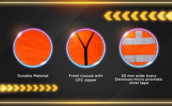 PROCLO 31 safety vest featuring durable material, front zipper closure, and micro prismatic silver reflective tape for enhanced visibility.
