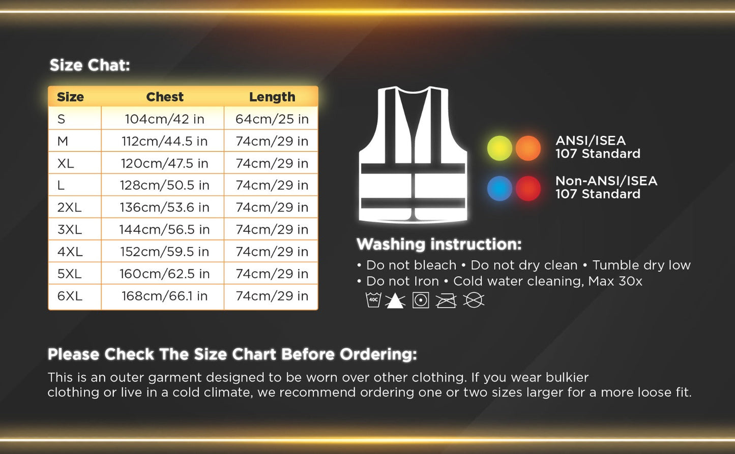 Size chart for the PROCLO 31 safety vest showing available sizes and garment measurements.