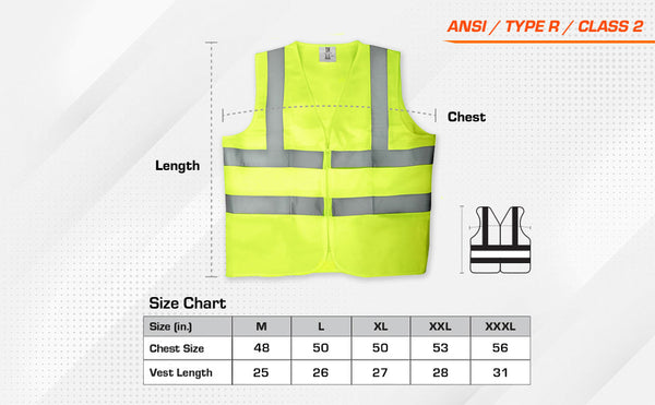 PROCLO 41 safety vest size chart showing available sizes and garment measurements.