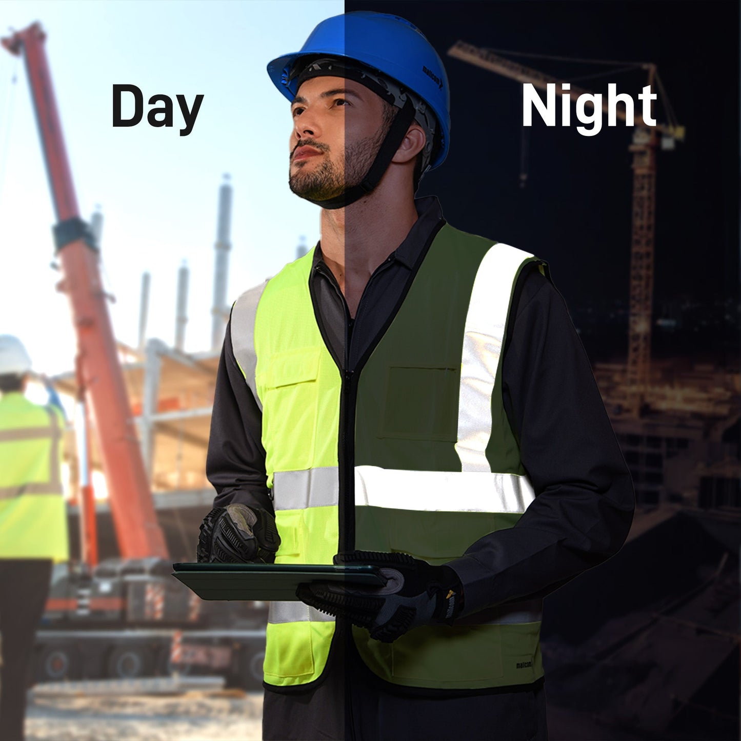 Reflective tape on the PROCLO 61 safety vest demonstrating high visibility in low-light conditions.