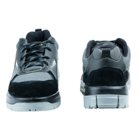 Front and back views of black low ankle safety shoes showing the toe design and heel construction.