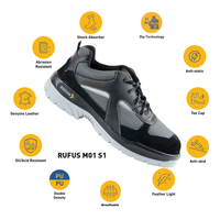 Black low ankle safety shoe with highlighted features including steel toe protection, breathable upper, antistatic properties, and PU sole.