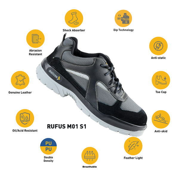 Black low ankle safety shoe with highlighted features including steel toe protection, breathable upper, antistatic properties, and PU sole.