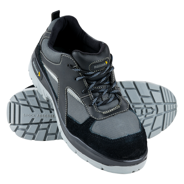 A pair of black safety shoes with a low ankle design, featuring a black microfibre upper, a black mesh lining, a dual injected PU sole, and a steel toe.
