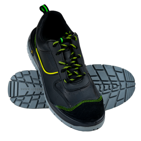 Front view of Rufus K01 safety shoes with black microfibre upper, green piping, lace-up design, and steel toe protection.