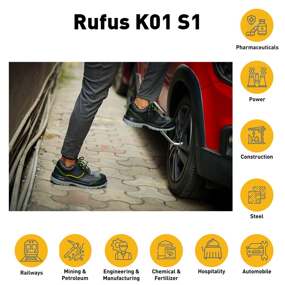 Rufus K01 safety shoes used in construction, manufacturing, warehousing, logistics, and industrial work environments.