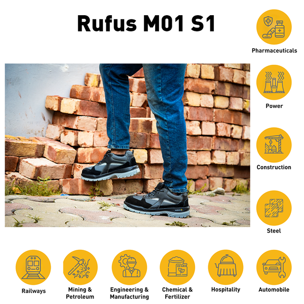 Rufus MO1 S1 safety shoes suitable for industrial, manufacturing, warehousing, and workplace environments.