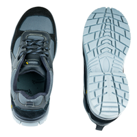 Upper and outsole views of black low ankle safety shoes showing the upper design and sole pattern.
