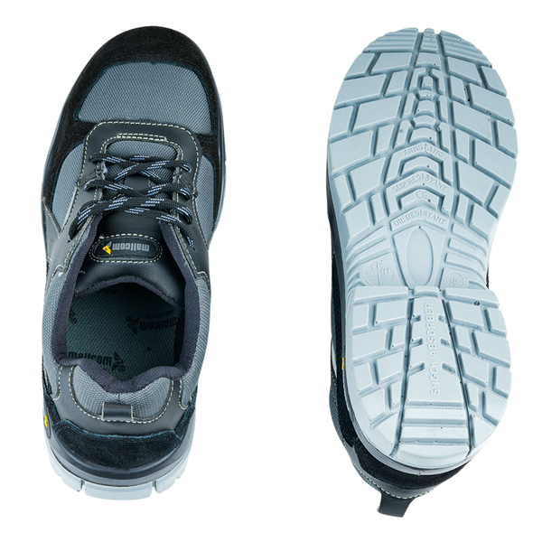 Upper and outsole views of black low ankle safety shoes showing the upper design and sole pattern.