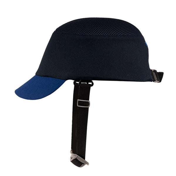 Left-side view of the Sapphire SP B navy blue bump cap highlighting its short peak design and protective construction.