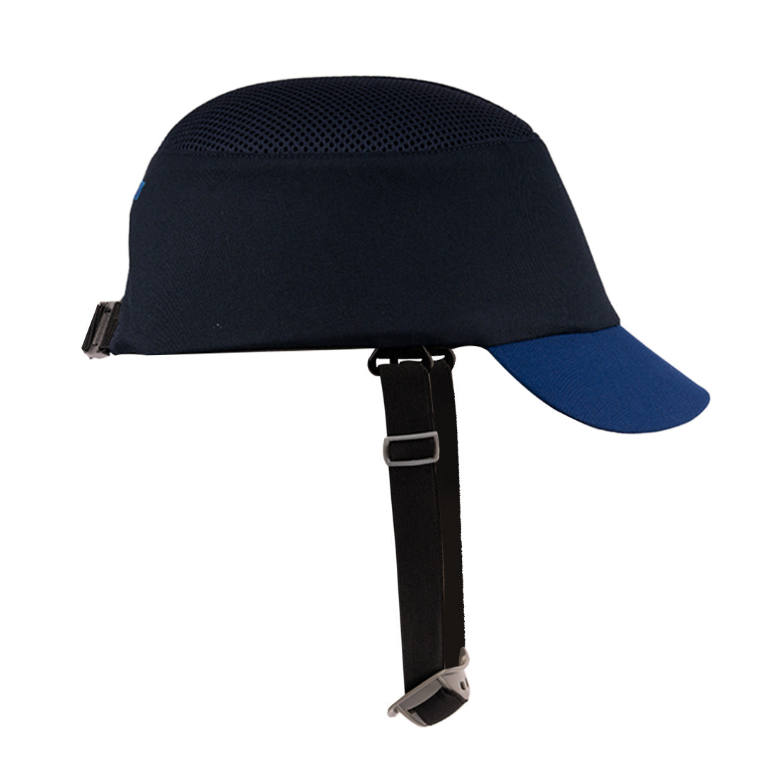 Right-side view of the Sapphire SP B navy blue bump cap highlighting its short peak design and protective construction.