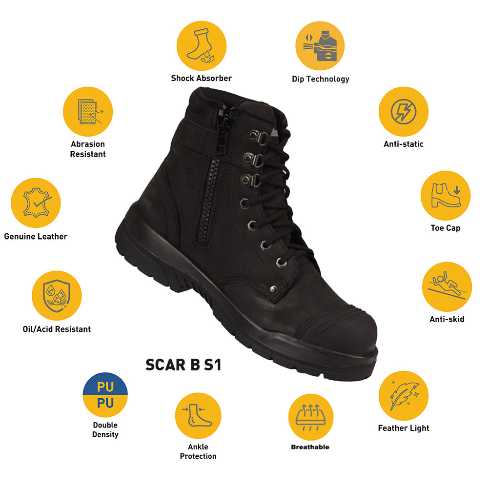 SCAR B high ankle safety shoes with highlighted safety, comfort, and durability features.