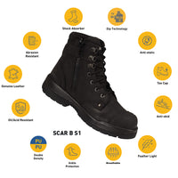 SCAR B high ankle safety shoes with highlighted safety, comfort, and durability features.