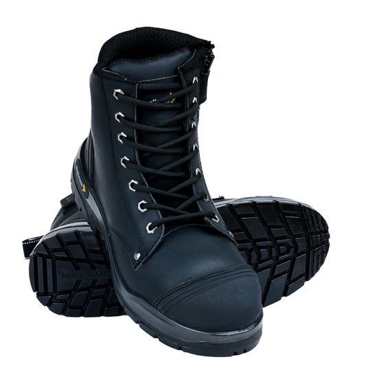 Front view of SCAR B black high ankle safety boots with lace-up closure.