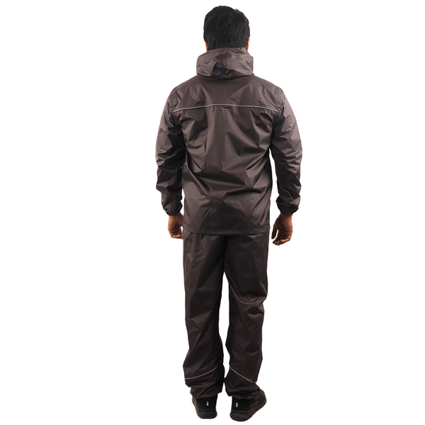 Back view of the grey STRATUS rainwear suit showcasing reflective detailing and waterproof construction.