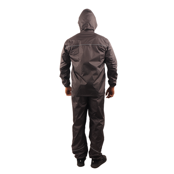 Back view of the hood on the grey STRATUS rainwear jacket showing protective coverage and design.