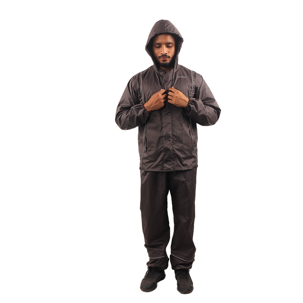 Front view of the adjustable hood on the grey STRATUS rainwear jacket.