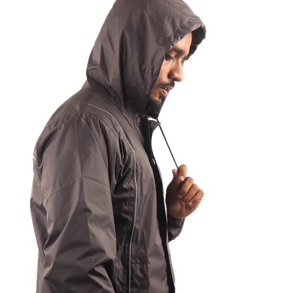 Side view of the adjustable hood on the grey STRATUS rainwear jacket.
