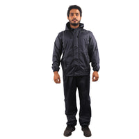 Front view of the navy blue STRATUS rainwear suit featuring a waterproof jacket, utility pockets, and secure front closure.