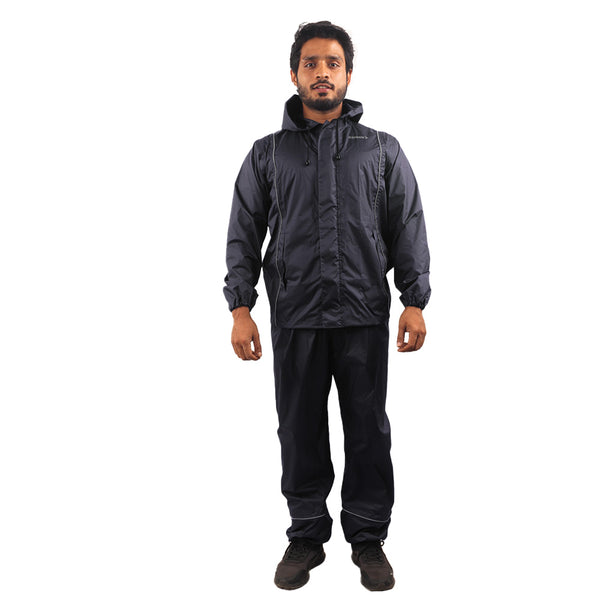 Front view of the navy blue STRATUS rainwear suit featuring a waterproof jacket, utility pockets, and secure front closure.