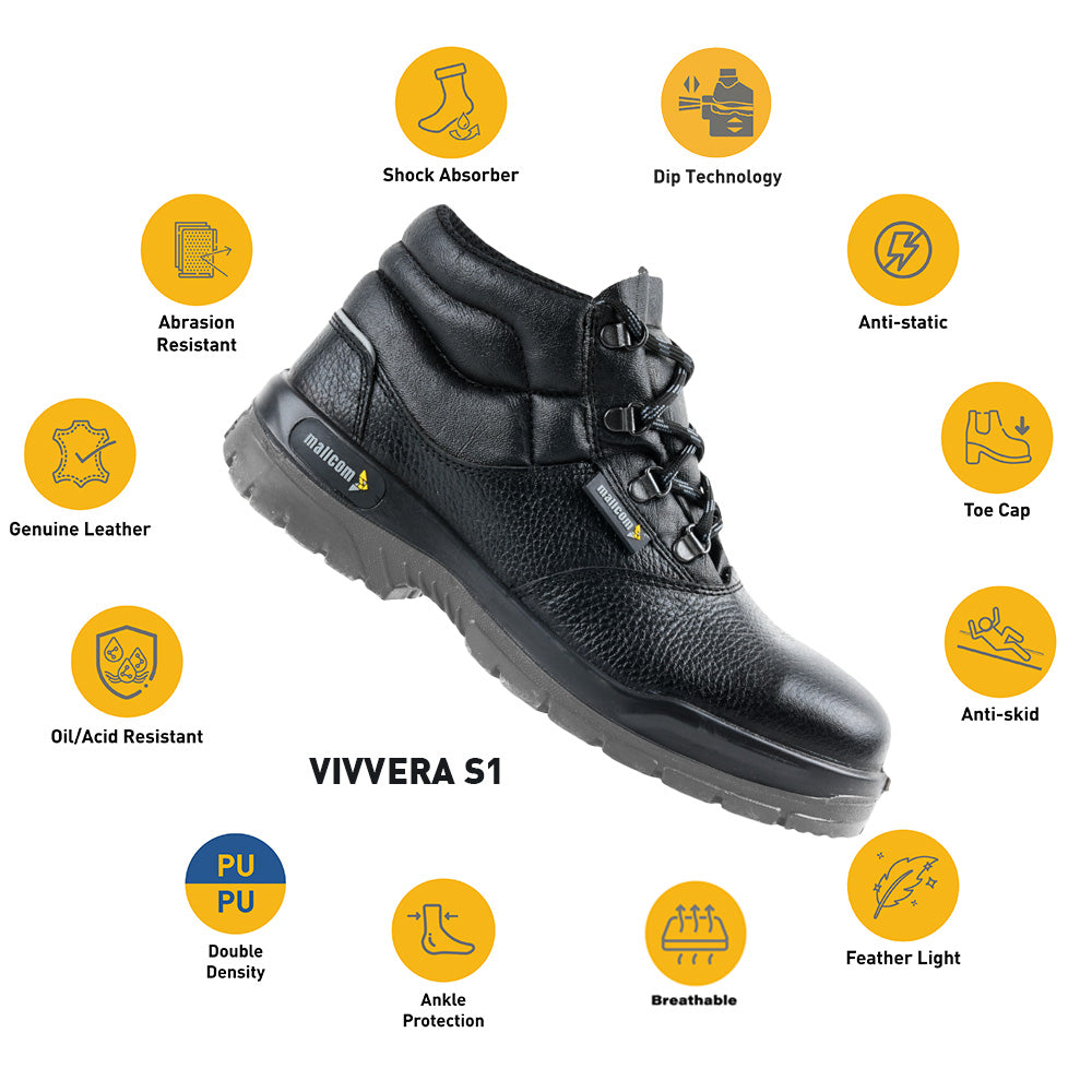 Vivvera safety shoes with highlighted safety, comfort, and durability features.