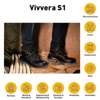 Vivvera low ankle safety shoes for workplace protection in industrial environments.
