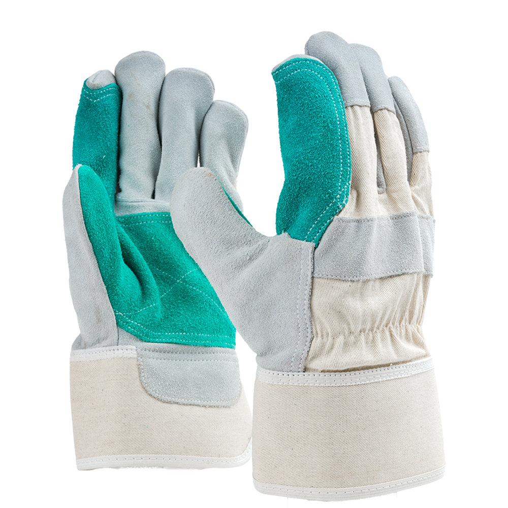 Mallcom C-853 Canadian leather safety gloves with reinforced palm and blue cotton back